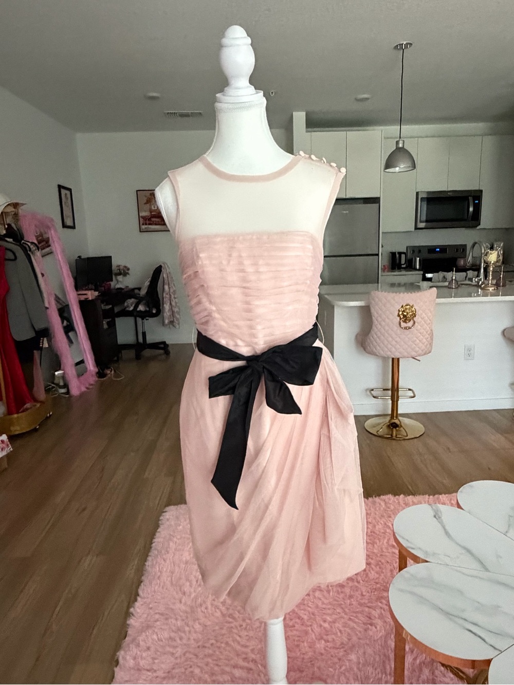 White by Vera Wang Blush Pink Midi Dress Black Waist Bow formal cocktail dress